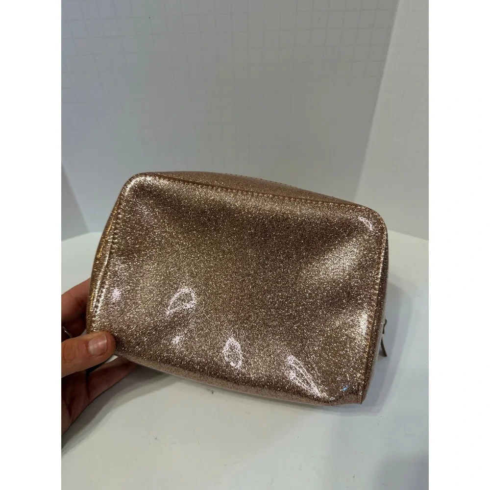 Kate Spade Rose Gold Glitter Cosmetic Bag Makeup Pouch Polka Dot Lining